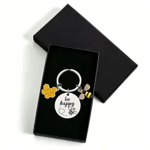 Bee Happy Keychain - Cute Crystal Bee & Honeycomb Charm Inspirational Stainless Steel Tag Keyring, Perfect Positivity Gift for Bee Lovers, Everyday Joy Accessory
