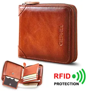Mens Genuine Leather Zipper Wallet RFID Secure Large Capacity Double Fold Multi-card Leather Wallets for Men and Coin Purse