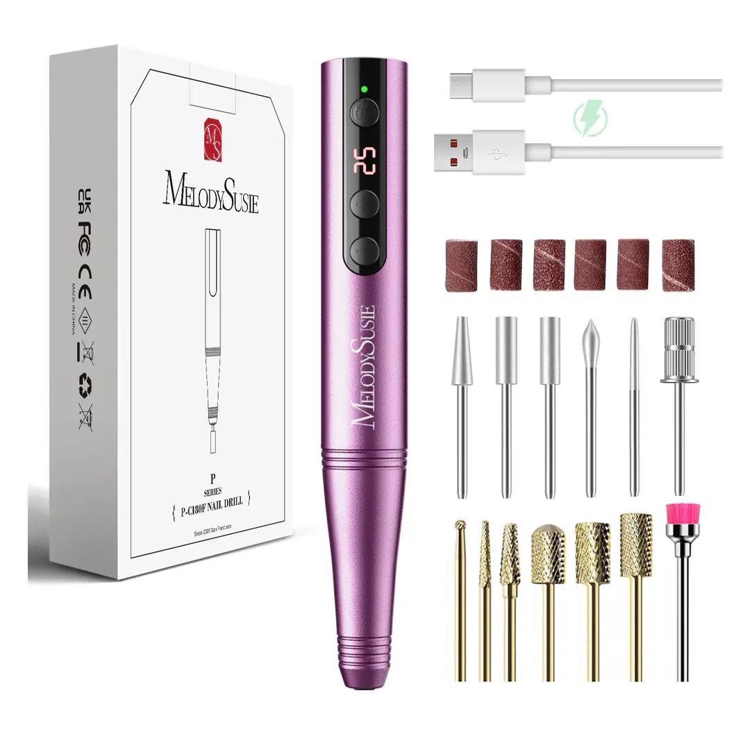 MelodySusie PC180F Cordless Electric Nail Drill & 7pcs Gold Tungsten Carbide Nail Drill Bits