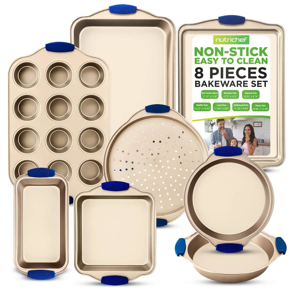 8-Piece Nonstick Bakeware Set | Carbon Steel Baking Pan Set with Blue Handles & Cookie Sheet - Oven-Safe & Freezer Safe - Stackable Design - Home Kitchen Baking Essentials for Everyday Use
