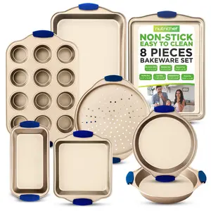 8-Piece Nonstick Bakeware Set | Carbon Steel Baking Pan Set with Blue Handles & Cookie Sheet - Oven-Safe & Freezer Safe - Stackable Design - Home Kitchen Baking Essentials for Everyday Use