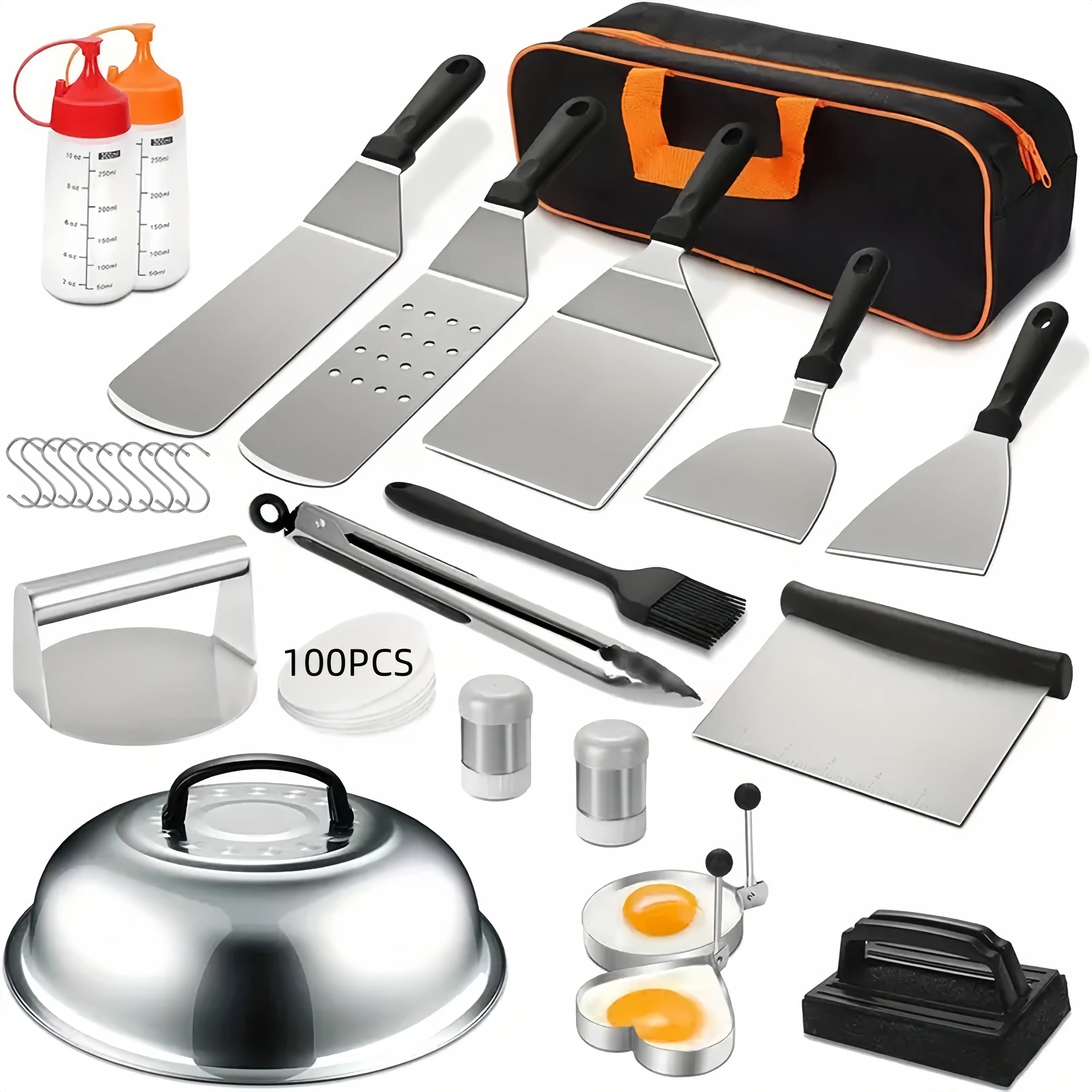128pcs Stainless Steel BBQ Grill Accessory Kit, Food-Safe BBQ Tools Set, with Spatulas, Tongs, Basting Brush, Egg Rings, and Carrying Case, for Outdoo