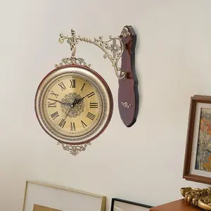 Vintage Double Sided Wall Clock, Brown Painted Wood and Golden Electroplated Alloy Wall Hanging Two Faces Retro Round Clock, Wall-Mounted Metal Antique Style Home Decor Silent Wall Clock Glass Decoration Installation Wooden