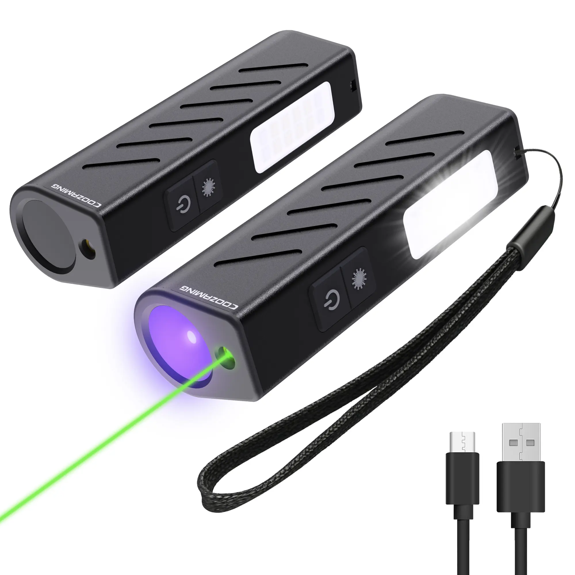 2-Pack 365nm UV Rechargeable Flashlight Torch Lights - Aluminum 3-in-1 Mini Portable with Black Light, Green Laser Pointer, Side Illumination, Batteries for Pet Urine Stain Detection, Hiking