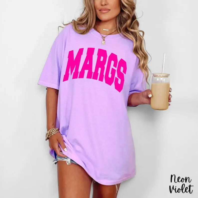 Comfort Colors Margs Tee, Neon Margaritas Shirt, Trendy Summer Vacation Top, Preppy Oversized Beach Graphic, Fun Coastal Vibes T-Shirt