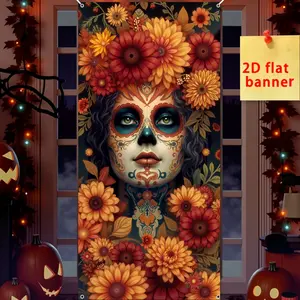 Vibrant Day of the Dead Skull Gate Banner, Durable Polyester Fiber, Large Festival Door Decor, Perfect for Halloween & Carnival Celebrations