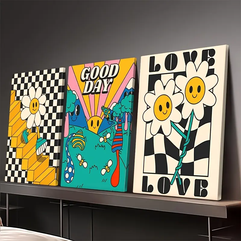 3-Piece Framed Hippie Wall Art Set - Waterproof, Glossy Vintage Bohemian Farmhouse Decor Paintings, 1930s-1970s Retro Posters, Abstract Minimalist Happy Faces, Hanging Artwork for Living Room, Bedroom