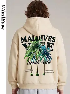 Men's Oversize Hooded Sweatshirt, Light Half-Zip, Palm Tree Print, Fall Winter Warm Casual Top, Streetwear Essential