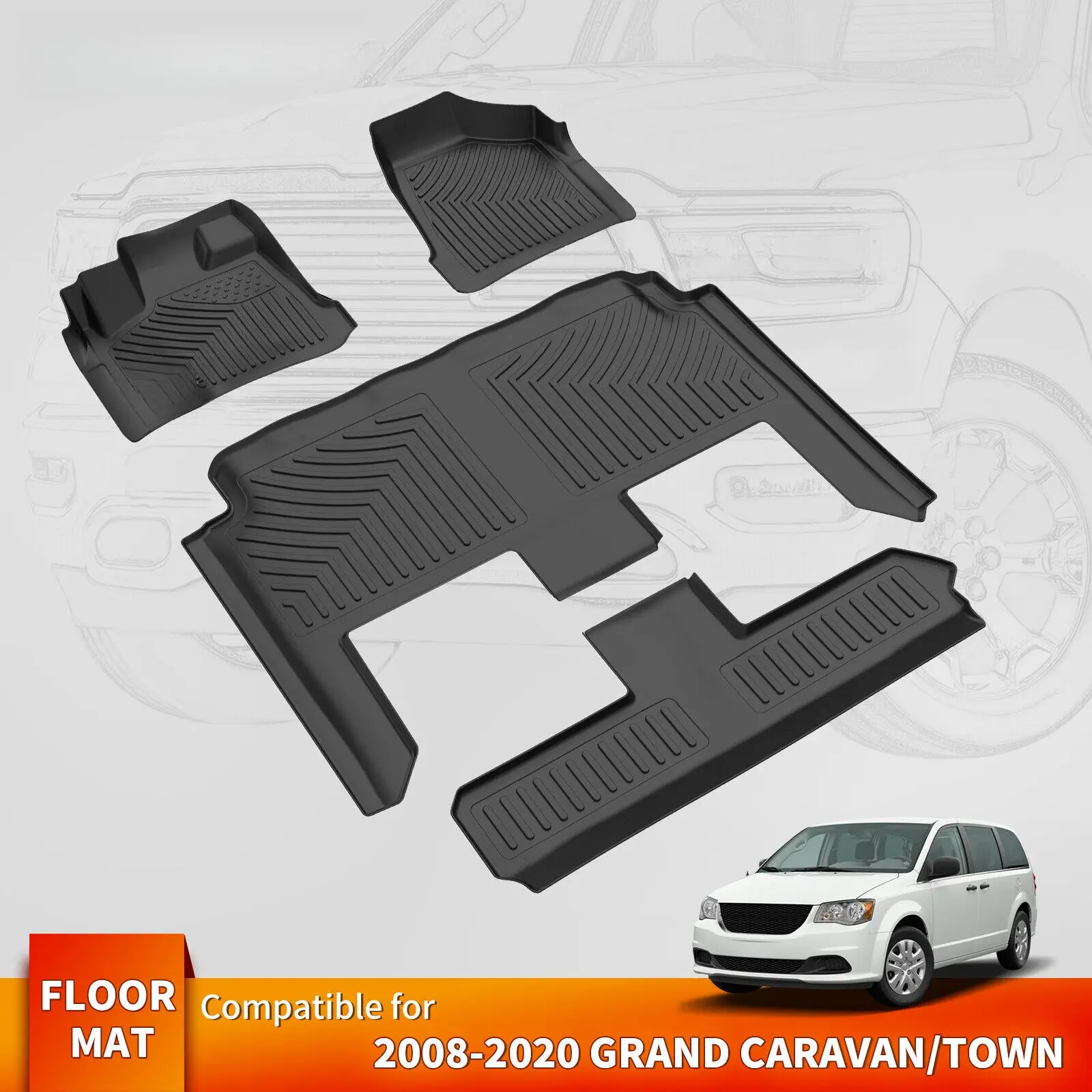 3 Row Floor Mats Liner For 2008-2020 Grand Caravan 08-16 Chrysler Town & Country
