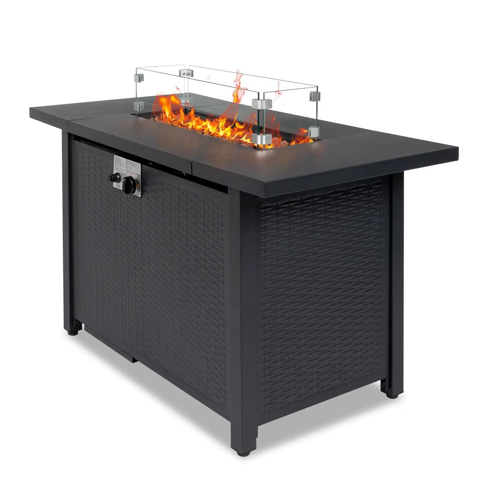 43-Inch Propane 2-in-1 Rectangular Tabletop Fire Pit Table, 50000 BTU Electronic Ignition Freestanding Metal Burner Outdoor Fireplace with Waterproof Cover, Glass Windscreen, Volcanic Stone for Patio, Backyard, Rectangular Fire Pit, Electronic Ignition Ou