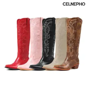 CELNEPHO Women Cowboy Boots Pointed Toe Chunky Block Heel Western Embroidery Knee High Cowgirl Boot Side Zipper Closure Easy Pull on Wedding Gifts Party Outdoor Events Date Dress Shoes