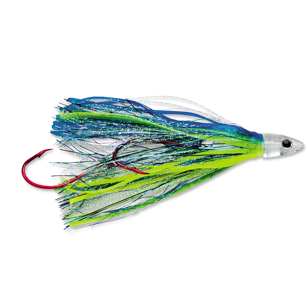 4.5-Inch Flash Fly Trolling Artificial Fishing Lure, Pre-Rigged with 50 lb Mono Leader, Dual 4/0 VMC Hooks, Everglo Skirt & 3D Eyes for Salmon