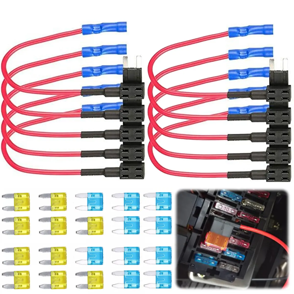 10Pack 12V Car Add-a-Circuit Fuse Adapter Set - with Standard and Mini TAP Profile TAP Blade Fuse,3Type Fuse Holder for Cars Trucks Boats