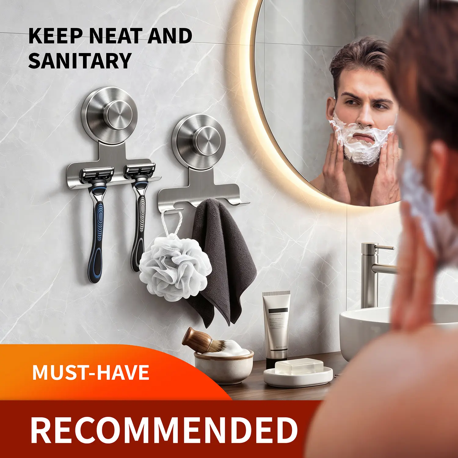 2026 New Suction Cup Razor Holder for Shower, Heavy-Duty 15lb Suction Hooks for Razor, Towel,Loofah, Removable Damage-Free Metal Shower Hook, Shaver Holder