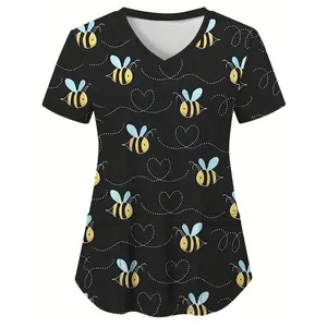 Bee Print Scrub Top, Comfortable & Functional Health Care Uniform Perfect For Working With Children In Hospitals & Dental Office, Women's Work Clothing