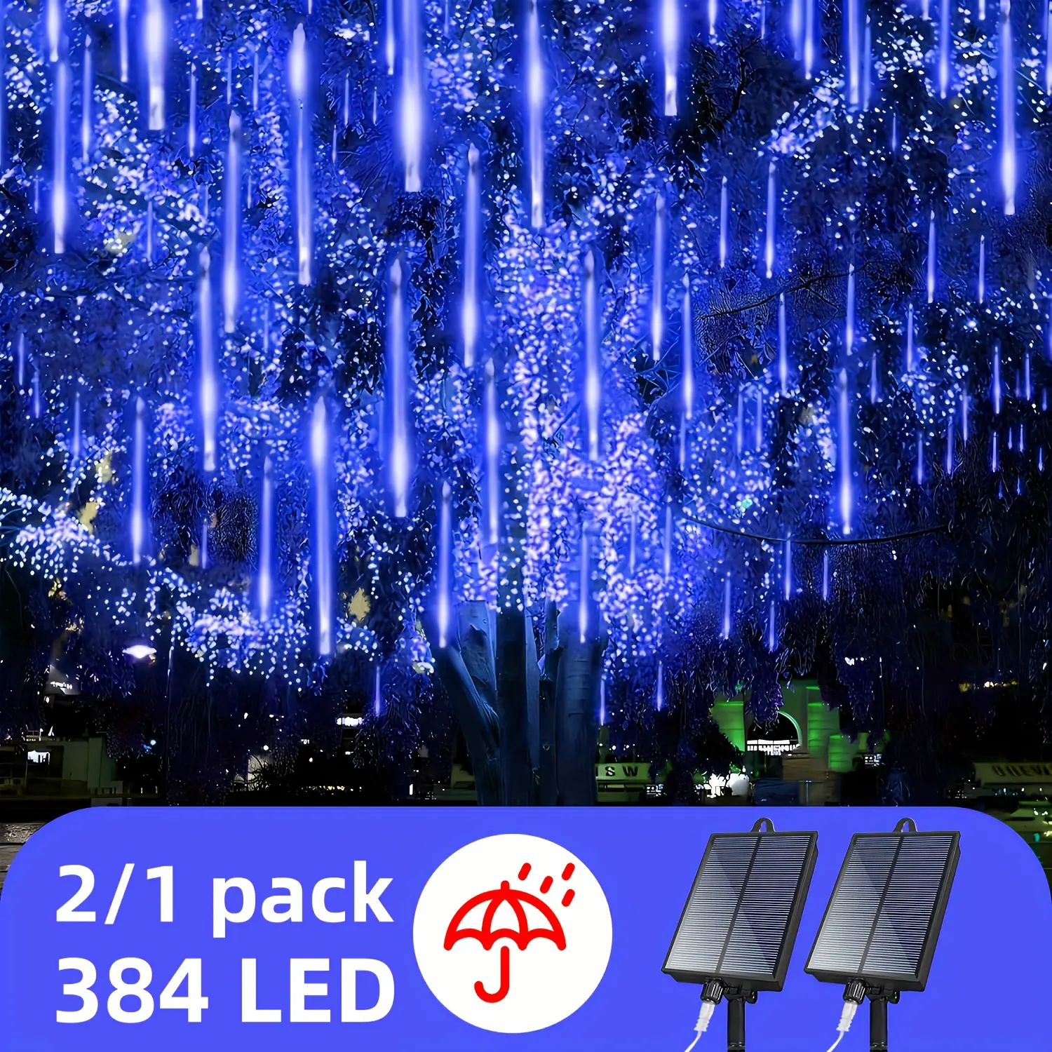 Ledoor 2/1Pack Solar Meteor Shower Light String, 384/192LED 16/8Tube Meteor Shower Light, Rain Light, Waterfall Light, IP65 Waterproof, Halloween Decor, Christmas Tree, Wedding, Party, Garden House Holiday Decoration Light (Warm Color, Blue)