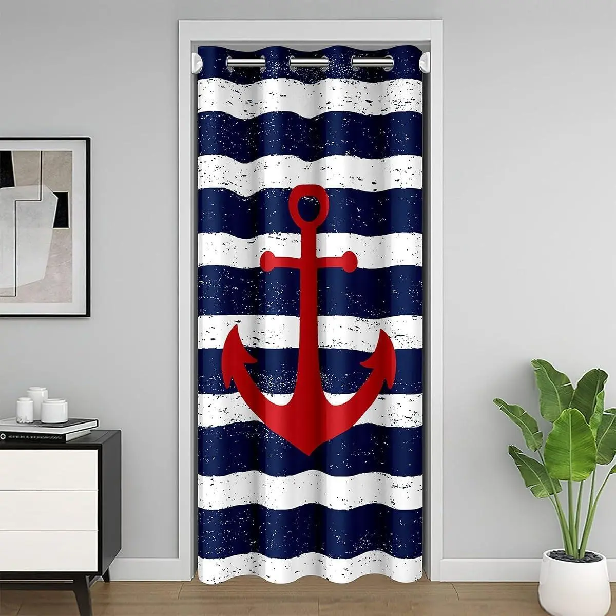 Red Anchor Print Door Curtain,White Navy Fashion Stripe Blackout Curtain Bedroom Doorway Living Room,Nautical Theme Privacy Door Drape 1 Panel
