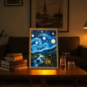 LED Wall/Table Lamp Framed Painting with Swirling Design & LED Lighting Effects for Art Lovers