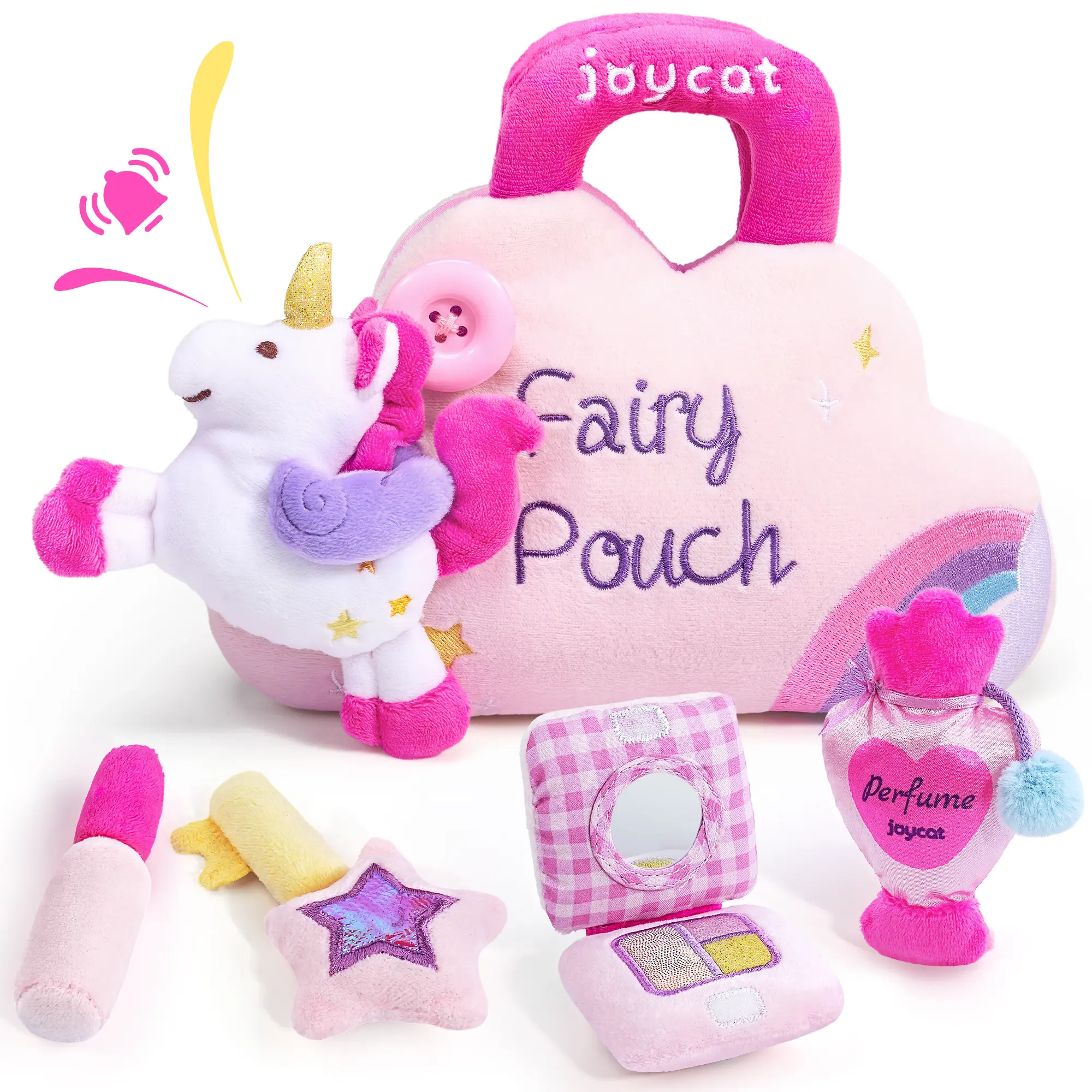 JoyCat Unisex 5-PC Montessori Plush Toys Playset - Unicorn Theme First Makeup Purse Bag for Girls with Perfume, Lipstick, Palette, Star Key, Soft Stuffed Toy, Birthday Gift summerwins,