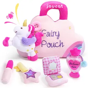 JoyCat Baby Toys, Little Girl Purse, My First Unicorn Makeup Bag Set, 5 PCS Plush Playset with Perfume, Lipstick, Palette, Star Key, Montessori Soft Toys for Kids, Birthday Gifts for Girls