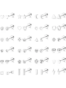 Small 24 Pairs Silvery Tiny Cute Cartlidge Stud Earrings Versatile Hypoallergenic Stainless Steel Screw Back Earrings for Women Men Exquisite Star Triangle Square Ball Heart Moon Star Shining CZ 20g Flatback Earrings Set Stud Earring Jewelry