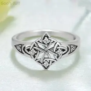 Men S925 Silver Signet Ring Vintage Irish Trinity Celtic Knot Black Oxidized Round Hollow Wide Band Anti Fade Gothic Nordic Wedding Couple Birthday Jewelry Gift