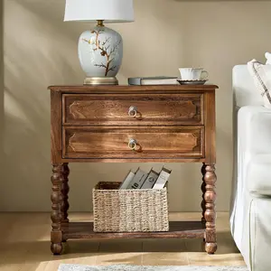 HULALA HOME Farmhouse Storage End Table with 2 Drawers and Open Shelf, Solid Wood Side Table with Spindle Legs, End Table with Charging Station (Walnut)