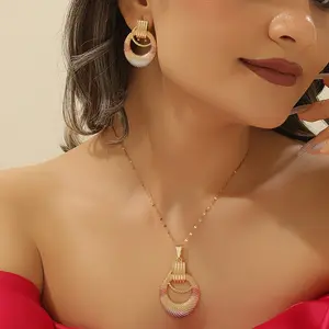 Trendy Minimalist Gold Tone Stainless Steel Necklace and Earring Set for Women Vintage Inspired Hollow Design Elegant Fashion Jewelry Gift Boxed Three Piece Matching Accessories