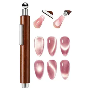 AzureBeauty 4-in-1 Cat Eye Magnet for Nails，Wooden 3-Head Nail Magnet Pens with Round Ball, Multi-Function Nail Magnets for Cat Eye Gel Polish DIY at Home Salon (Magnet Only, No Gel Included)