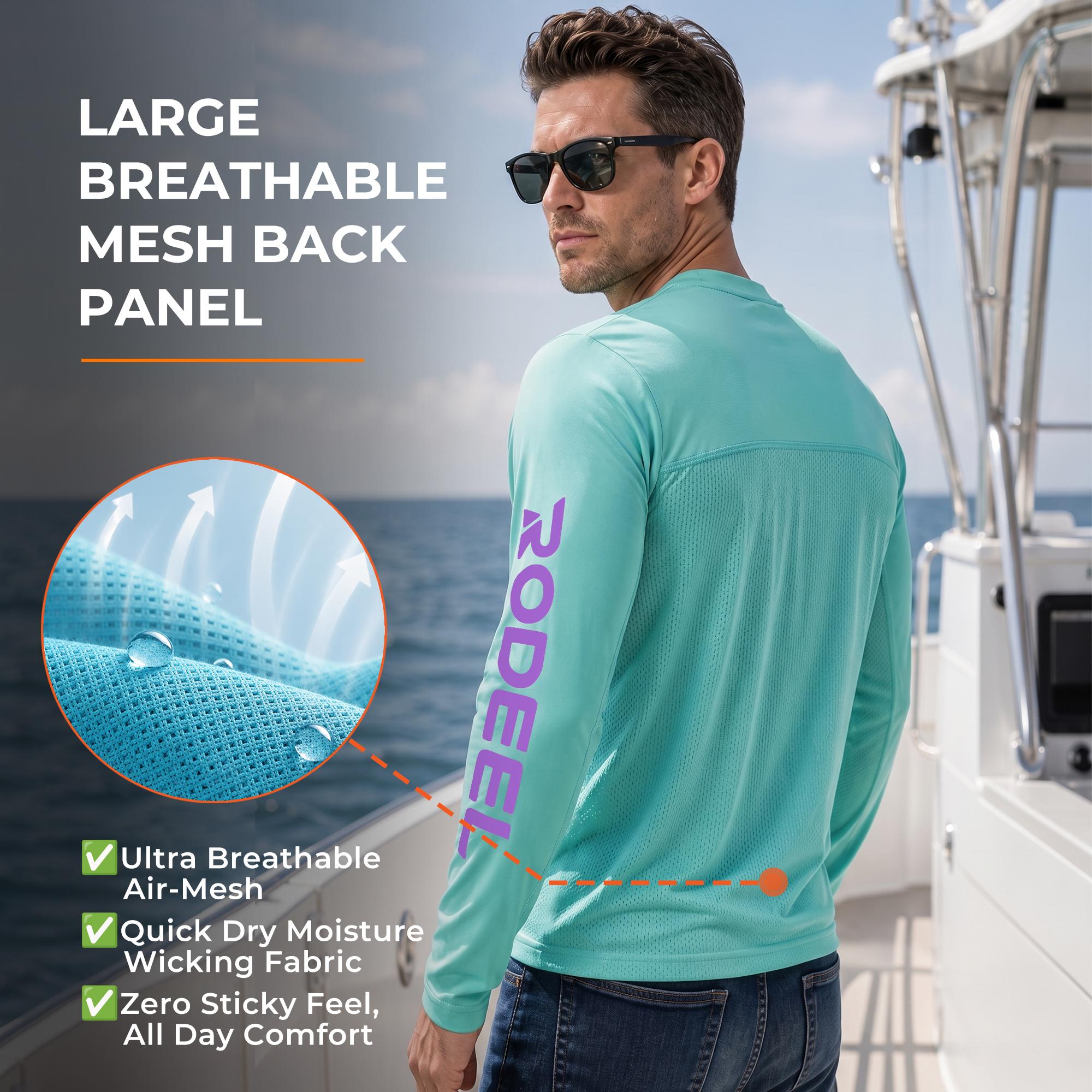 【FathersDayGift】RODEEL 961 Sun Shirts w/ UV Detection Logo Breathable Mesh Panel Men UPF 50+ Sun Protection Long Sleeves Sport T-Shirt Lightweight Quick Dry Moisture Wicking Breathable Activewear for Outdoor Fishing Boating Hiking Running SummerWins