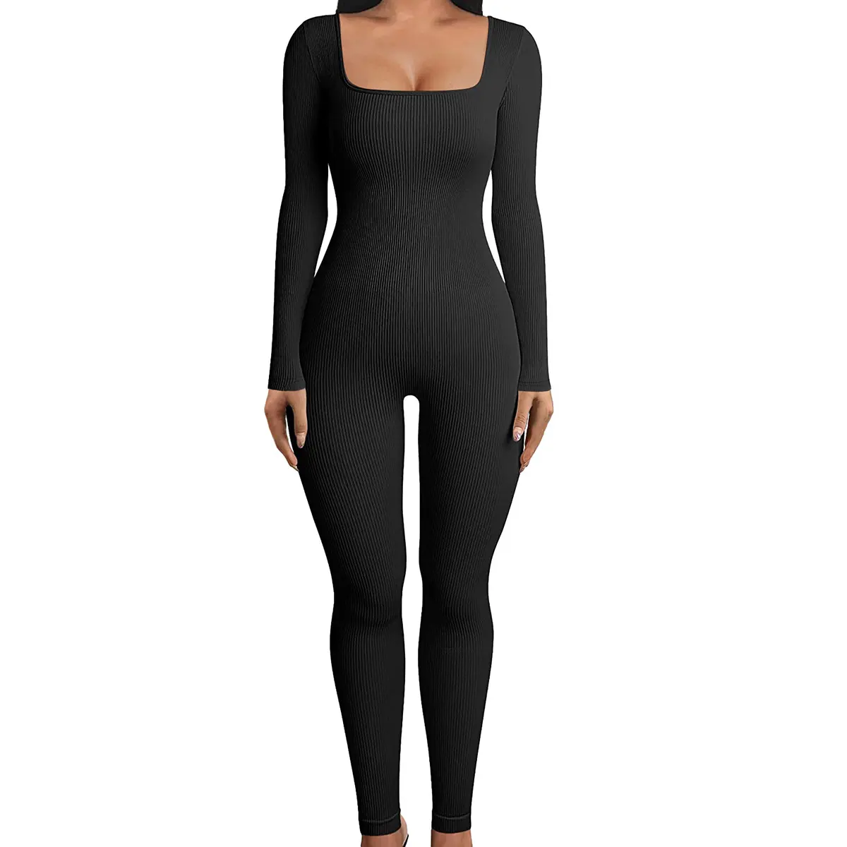 Women's Sporty Chic Square Neck Long Sleeve Fitted Jumpsuit - Soft Stretch Fabric Bodycon Fit Workout Wear Yoga Unitard (Sports & Outdoor Clothing), Long Length, Sporty Sports Bottoms
