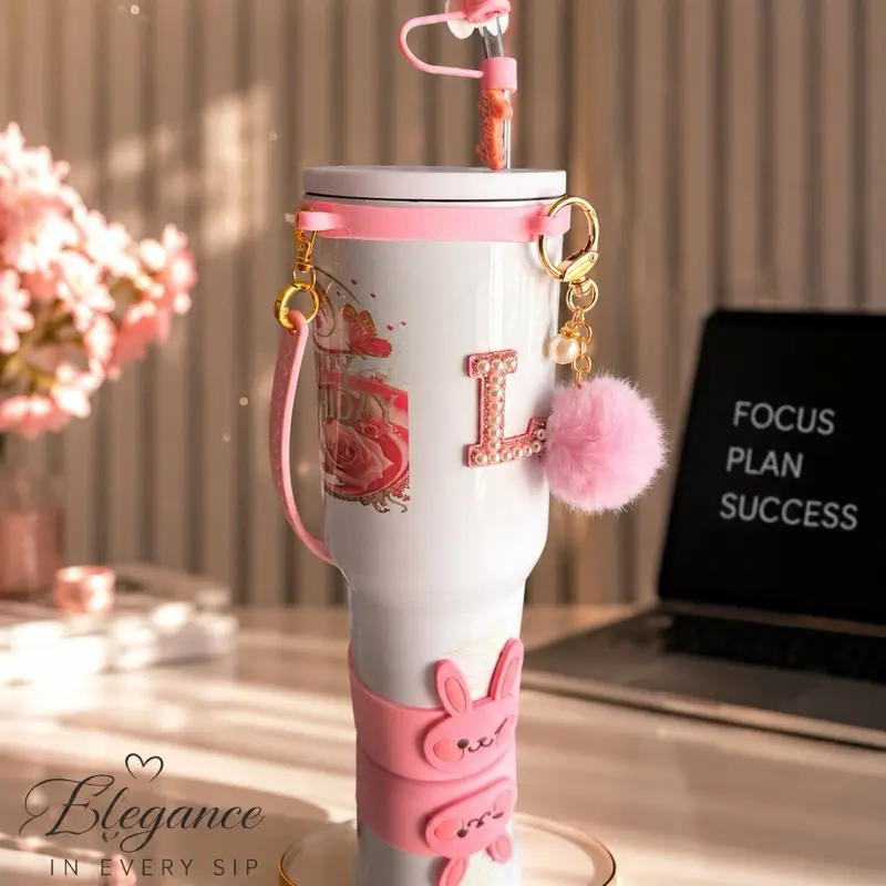 40oz Cute Pink Personalized Drinkware Tumbler with Straw, Letter Charm, and Bunny Accessories