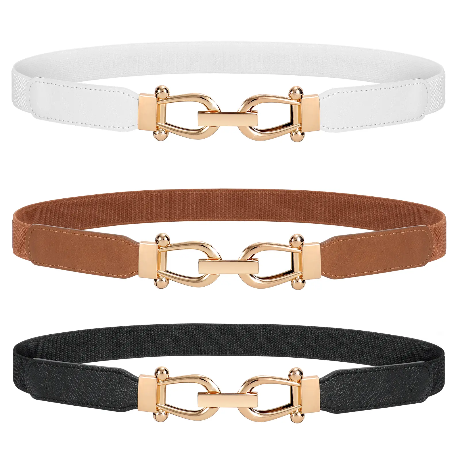 SUOSDEY 2/3 Pack Women Stretchy Waist Belt Retro Elastic Skinny Belt for Ladies with Gold Buckle Womens Skinny Belt Leather Thin Belts for Women Dresses Adjustable