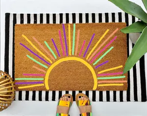 Colorful sun coir doormat, boho decor for your front porch entry, unique and custom welcome mat for your home