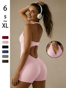 Women's Lace One-Piece Yoga Set, Backless Halter Waist Exposure Sports Jumpsuit with Removable Padding, Gym Fitness, Workout Jumpsuit