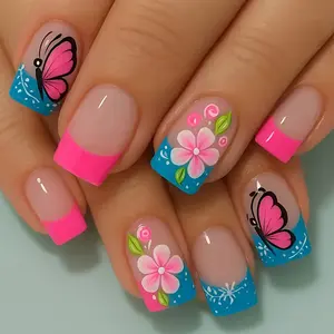 Medium-Length Colorful French Flower Butterfly False Nails, 24-Piece Removable Reusable Nail Art Design, Easy Daily Wear, Party, Vacation, Holiday