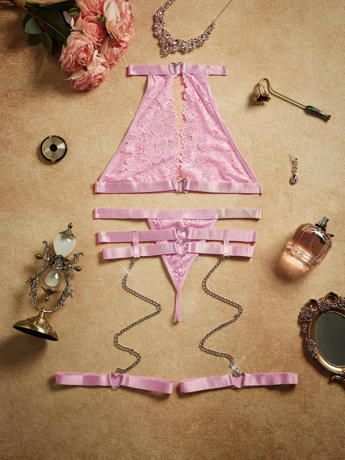 Lingerie Sets 5 Piece Lace Ring Linked Halter Bra and Panty Garter Belts Set  - TikTok Shop