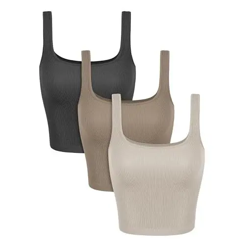 ODODOS 3-Pack Seamless Square Neck Crop Tank for Women Ribbed Knit Soft Low Back Cropped Tops ODODOS 3-Pack Seamless Square Neck Crop Tank for Women Ribbed Knit Soft Low Back Cropped Tops