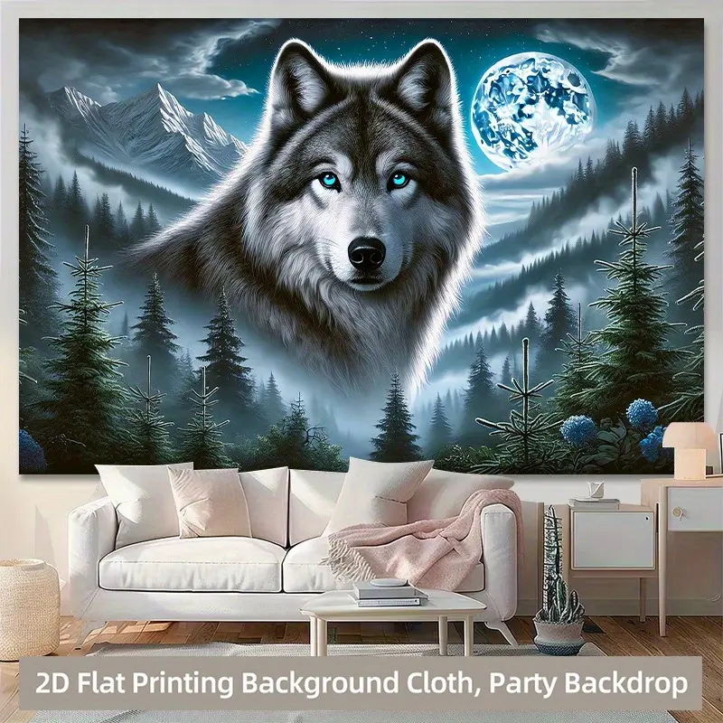 Moon and Wolf Retro Cloth Tapestry Wall Mural, Multi-functional Decorative Premium Polyester Home Decor Supplies, Suitable for Living Rooms, Outdoor Party Gifts