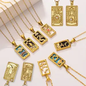 Original Zirconia Tarot Card Necklace Classic Tarot Queen Lover Magician Moon Wealth Amulet Stainless Steel Jewelry