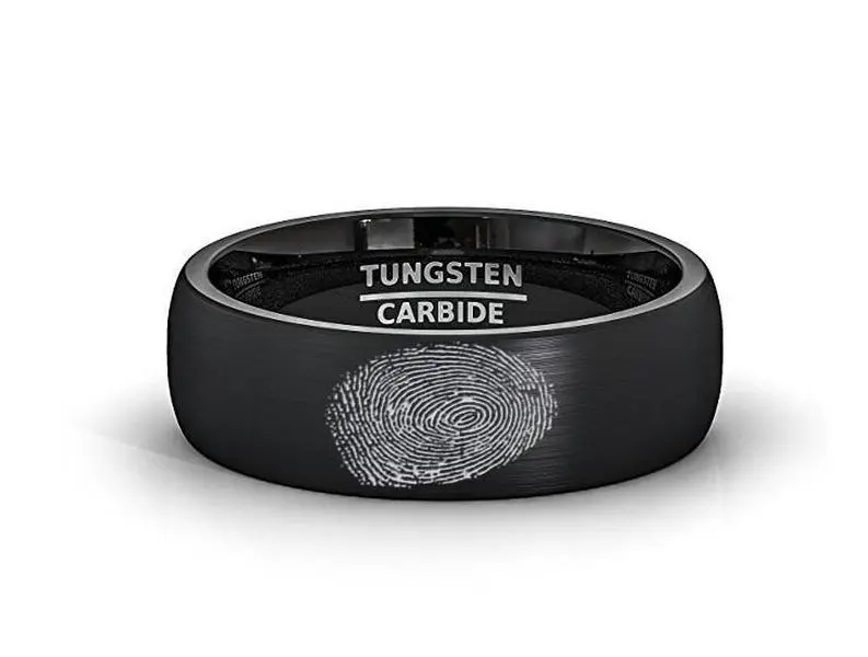 Finger Print Engraved Black Tungsten Ring Brushed Dome Comfort Fit