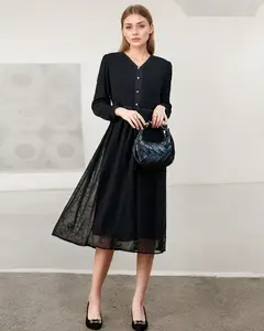 Black V Neck A Line Dress for Women Long Sleeve  Midi Dresses chiffon mesh  dress  AF-LQ15265