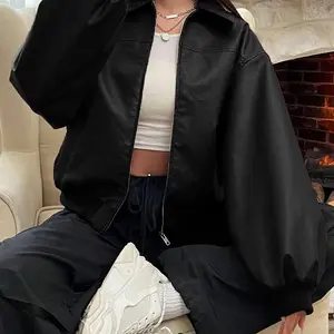 Women's Solid Pocket Zip Up PU Leather Jacket, Street Fashion Long Sleeve Collared Outerwear for Daily Wear, Ladies Spring & Fall Clothes