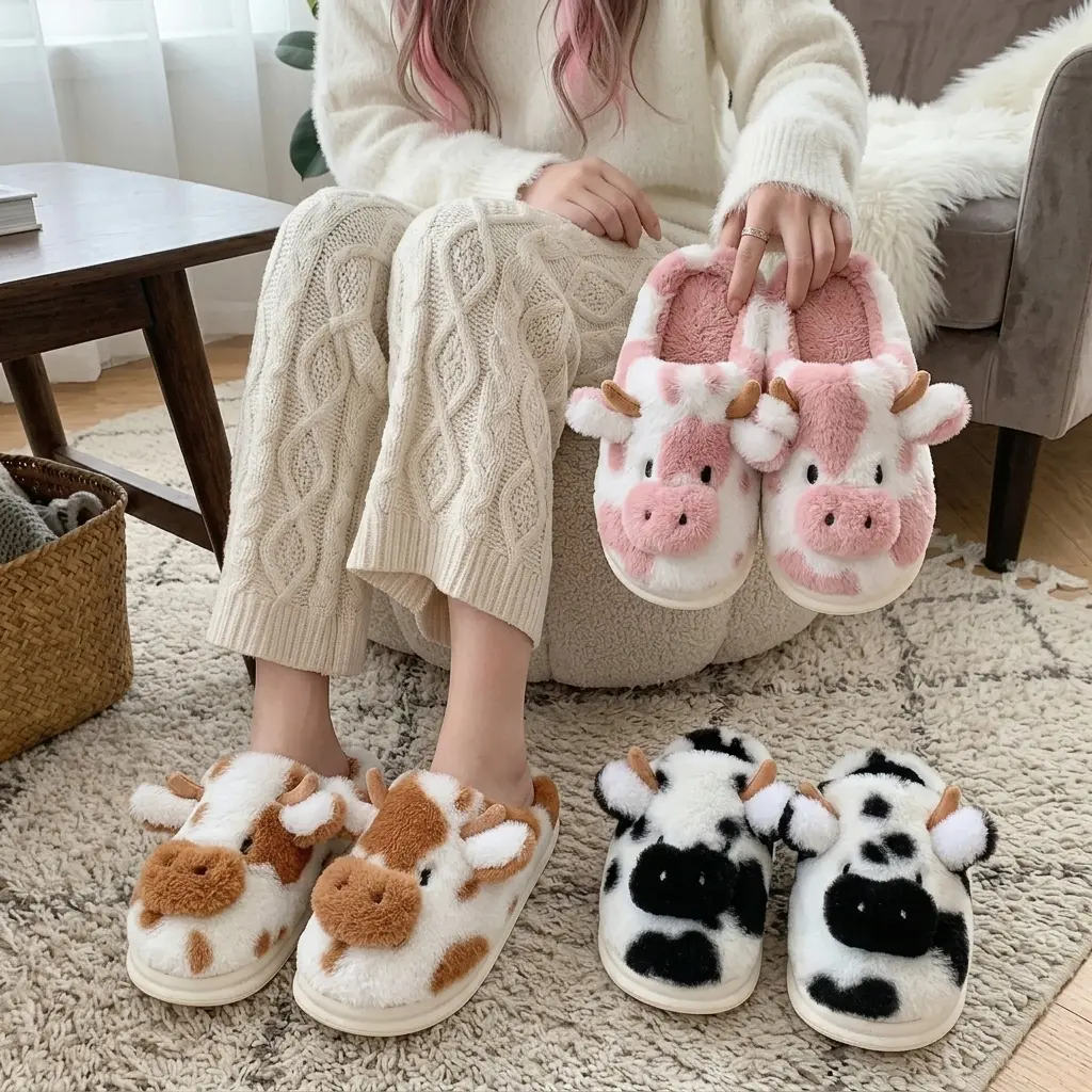 Women's Cute Cow Slippers, Plush Slip-On House Shoe with a Cartoon Look, Cozy Memory Foam and Anti-Skid Sole for Indoor/Outdoor Use, Footwear