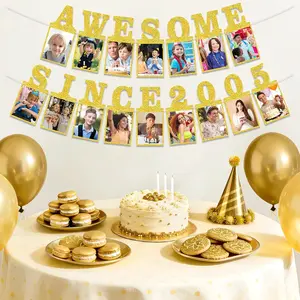 Gold Glitter "Awesome Since 2005" Cardboard Cutout Photo Banner - 21st Birthday & Anniversary Decor, Pre-Strung, Fits 16 (4x6) Photos for Wall/Door, Party Supplies Gift Idea
