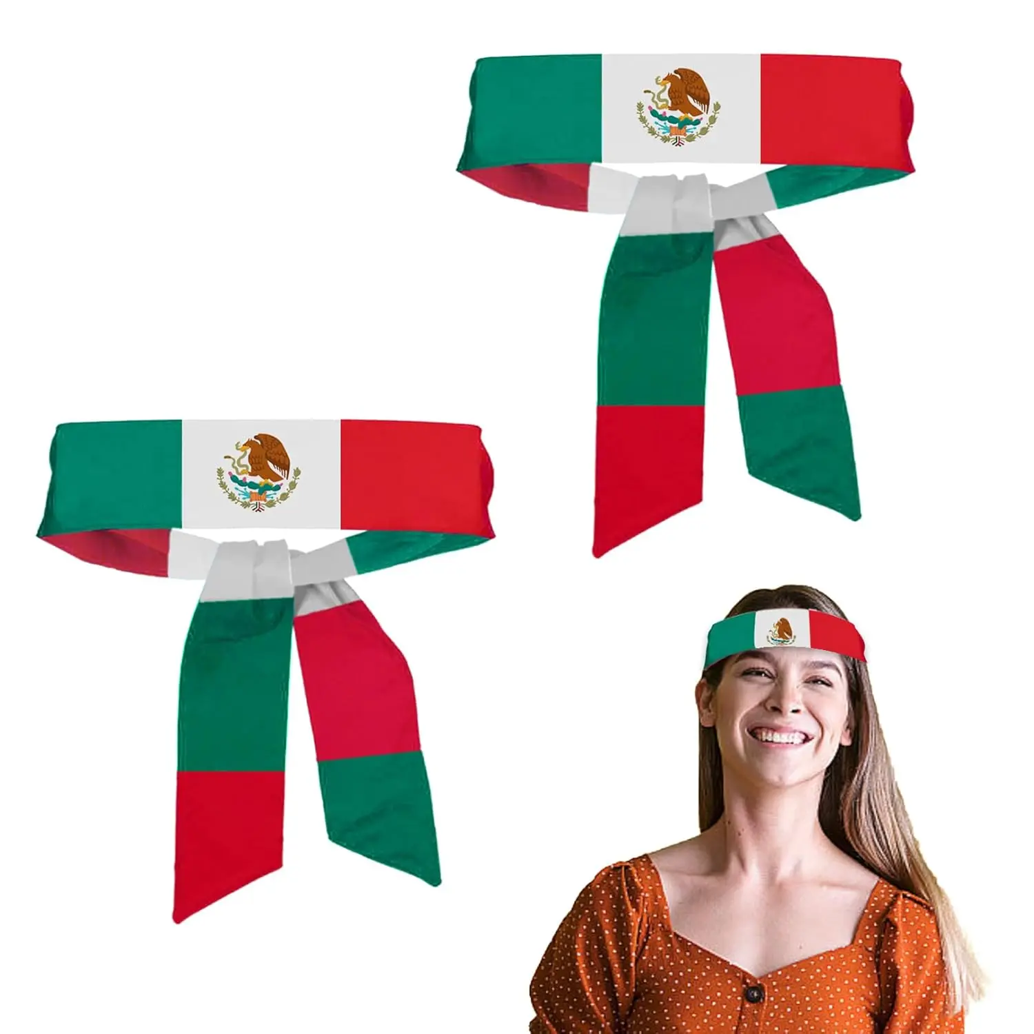 Mexican Flag Tie Headband with National Flag - 2 count Mexican Bandana Red White and Green Mexico Headband Mexican Flag Hair Accessories for Men & Women Mexico National Day  Events Workout