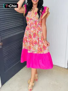 Summer Elegant Feminine Floral Print Colorblock Ruffled Vneck Short Sleeve Maxi Dress, Women's Fashion Long Dress, Casual & Party Wear, Womenswear