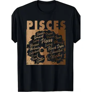 T-shirt with birthday pattern of the Pisces zodiac sign |     Loose Fit, Short Sleeve, Round Neck, Casual Top, Afro-American Design, Machine Washable