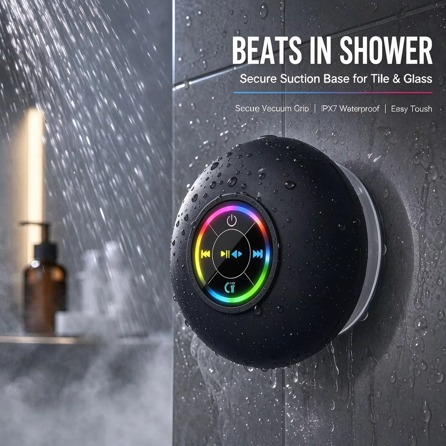 Compact Durable Mini Bluetooth Shower Speaker with Colorful LED Lights, Silicone Suction Cup, Waterproof Audio Device, Built-in Mic, for Bathroom, Outdoors, Ideal Gift