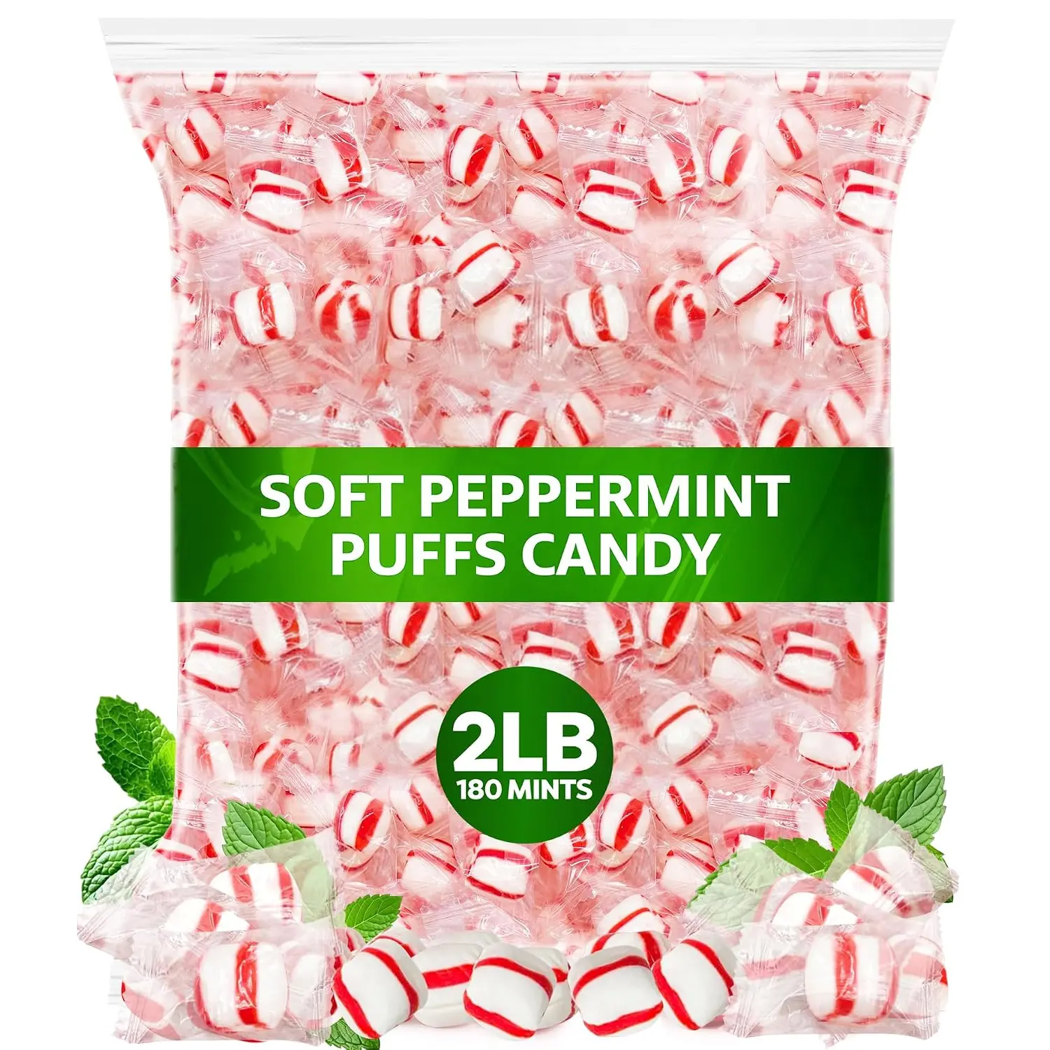 Soft Peppermint Puffs, 180 Mints, For Offices And Guests, Creamy Melt-In-Your-Mouth Candy, Individually Wrapped For Freshness, 2 Pound Bag For Candy Dishes, Parties And Coffee Stations